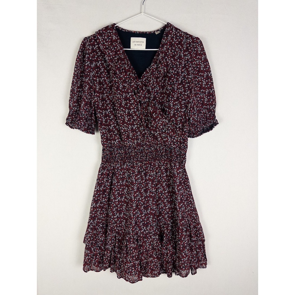Les Coyotes De‎ Paris Stevie Dress Womens 14 V Neck Ruffle Leaves Print Spring